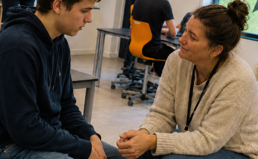 Kvinde som roligt sidder foran ung fyr med autisme